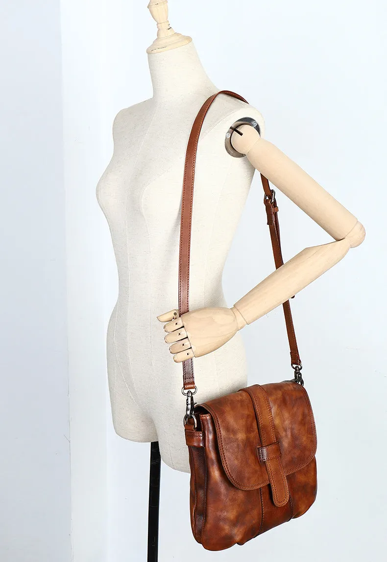 Handmade Brown Leather Womens Square Shoulder Bag School Crossbody Purse for Women