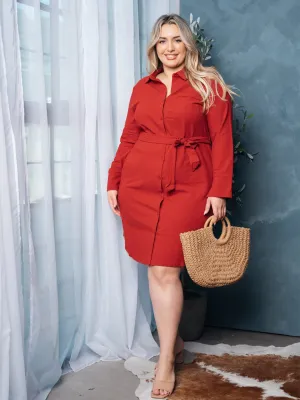 PLUS SIZE LONG SLEEVE BUTTON UP SELF TIE MIDI DRESS