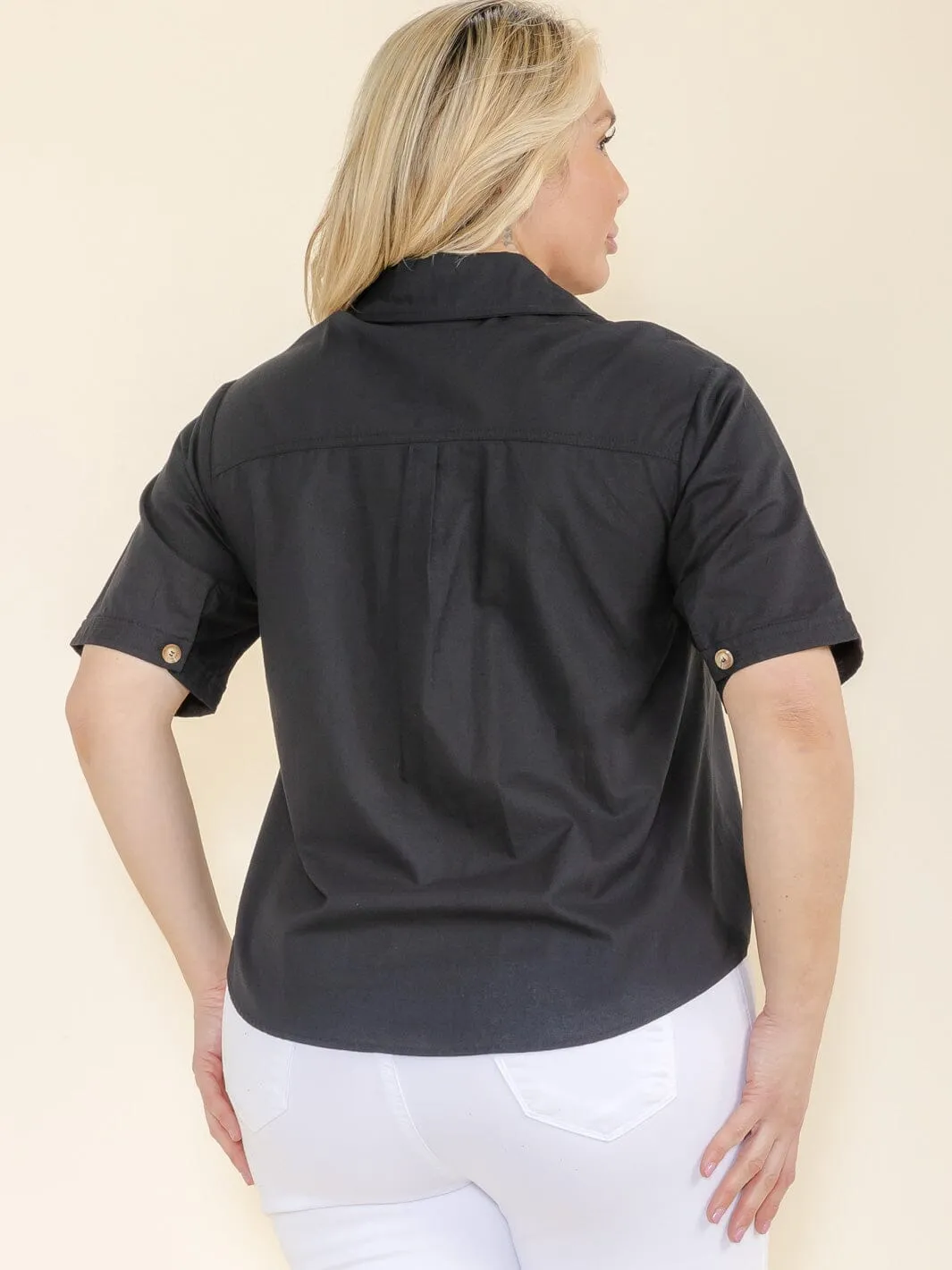 PLUS SIZE SHORT SLEEVE BUTTON UP FRONT POCKET TOP