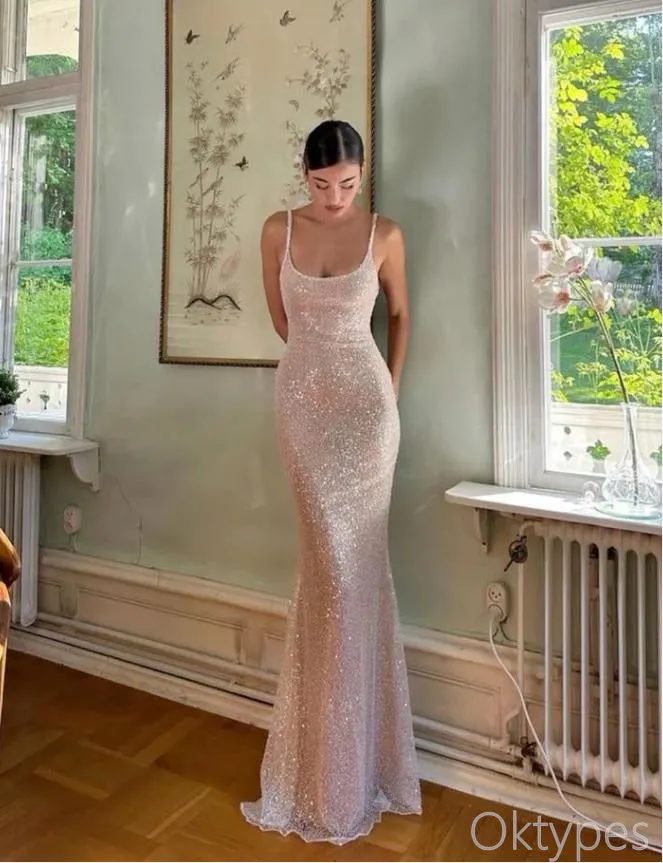 Sparkly Sliver Spaghetti Strap Long Women Floor-Length Prom Dresses PDS1200