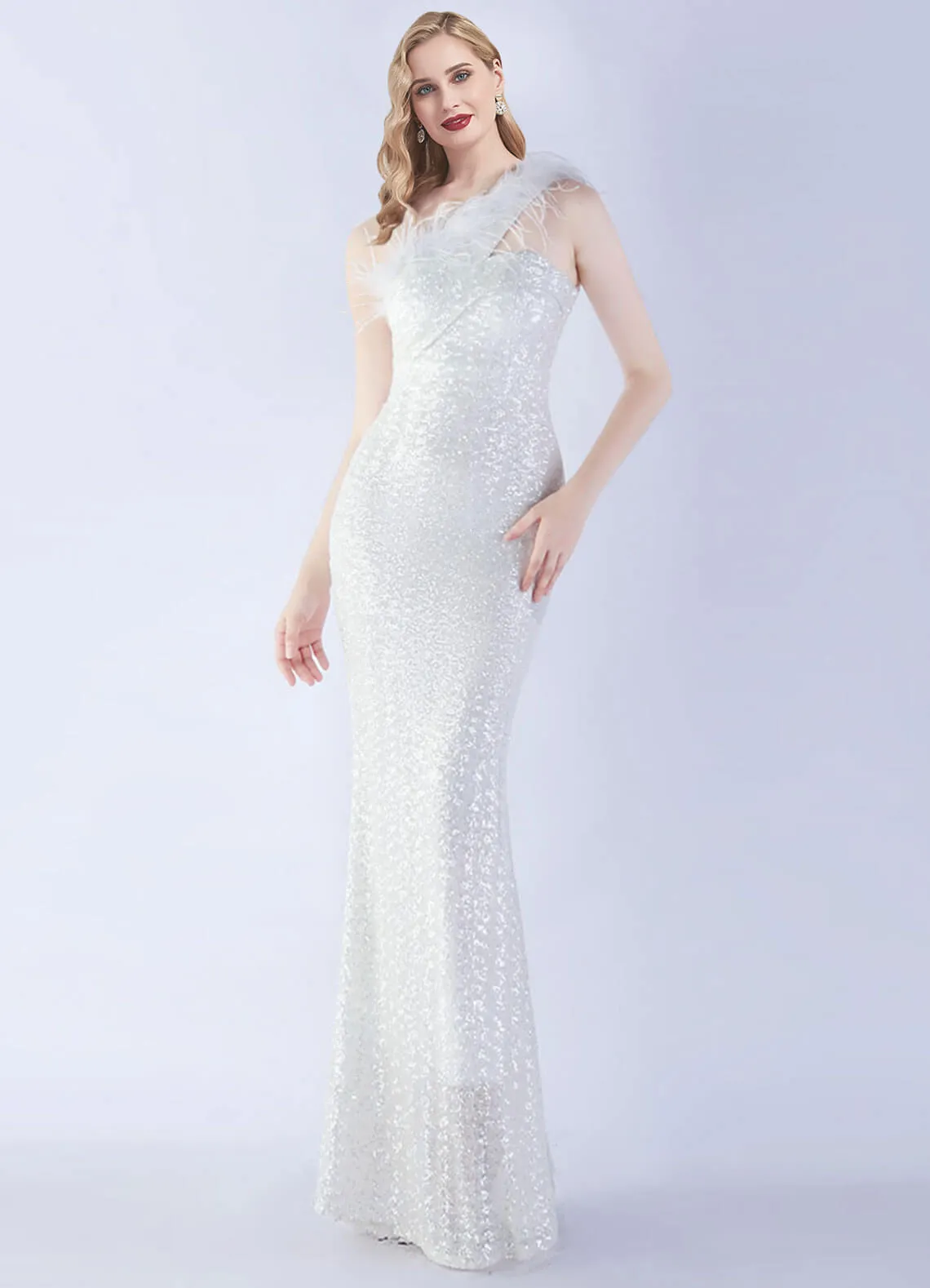 White Luxury One Shoulder Feather Sequin Mermaid Formal Gown