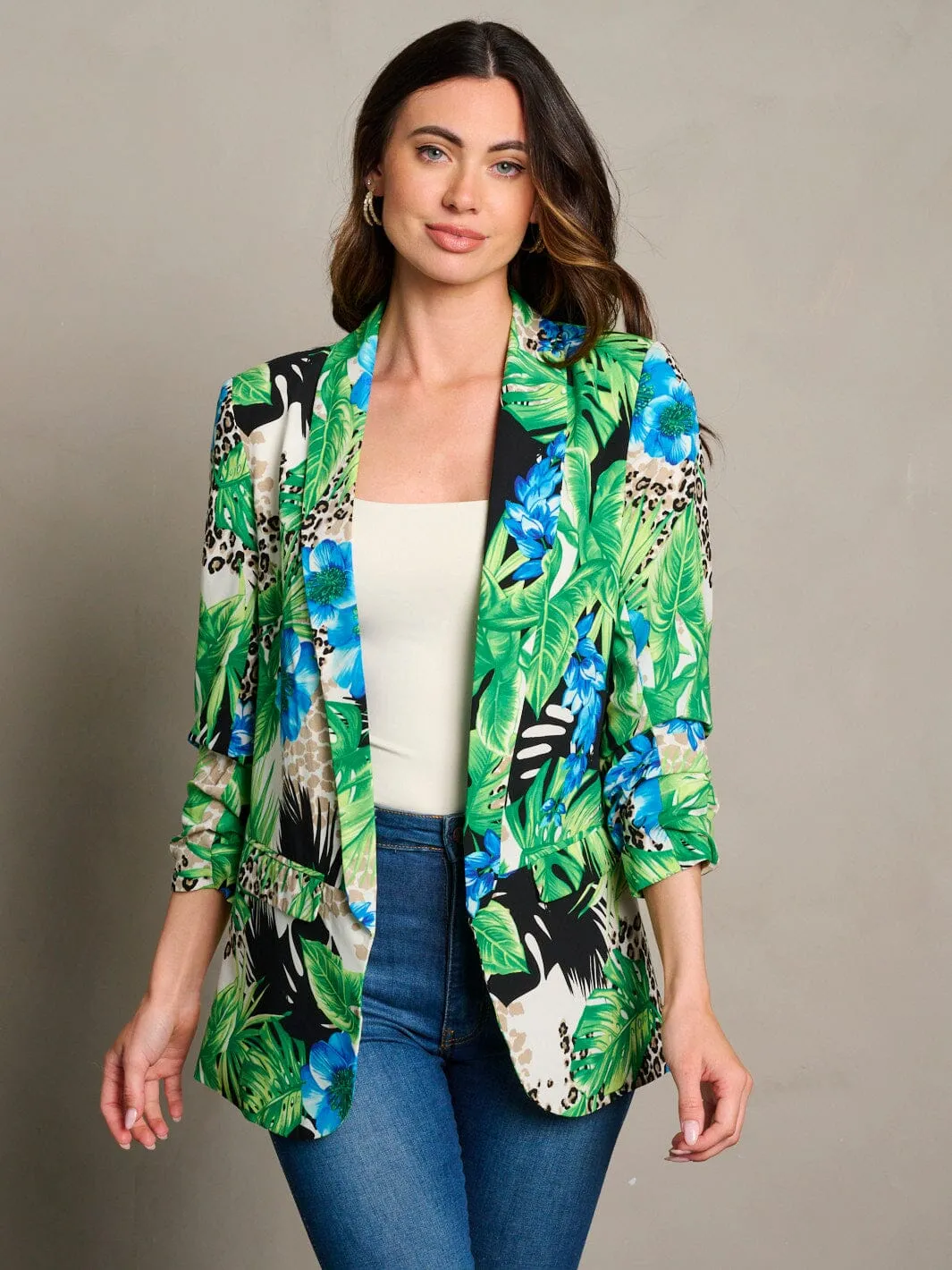 WOMEN'S 3/4 RUCHED SLEEVES OPEN FRONT FLORAL PRINT BLAZER