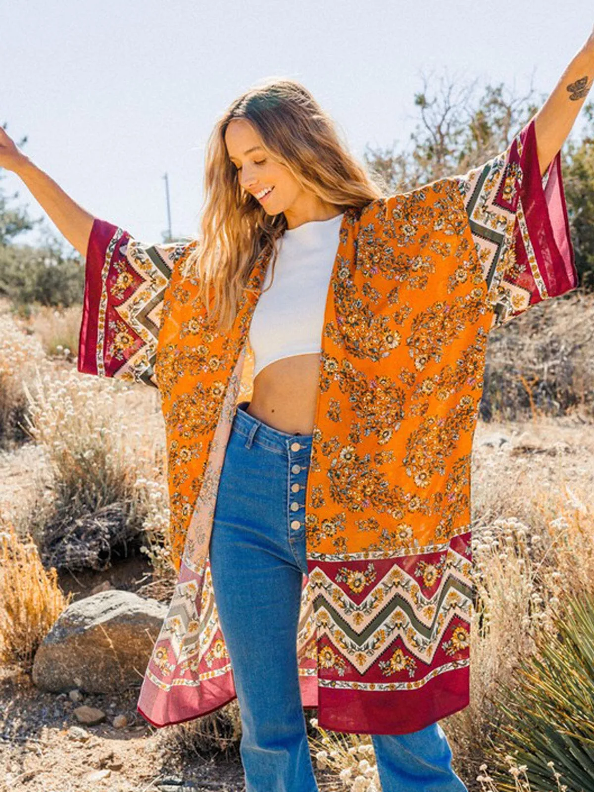 WOMEN'S 3/4 SLEEVE MULTI PRINT DUSTER CARDIGAN
