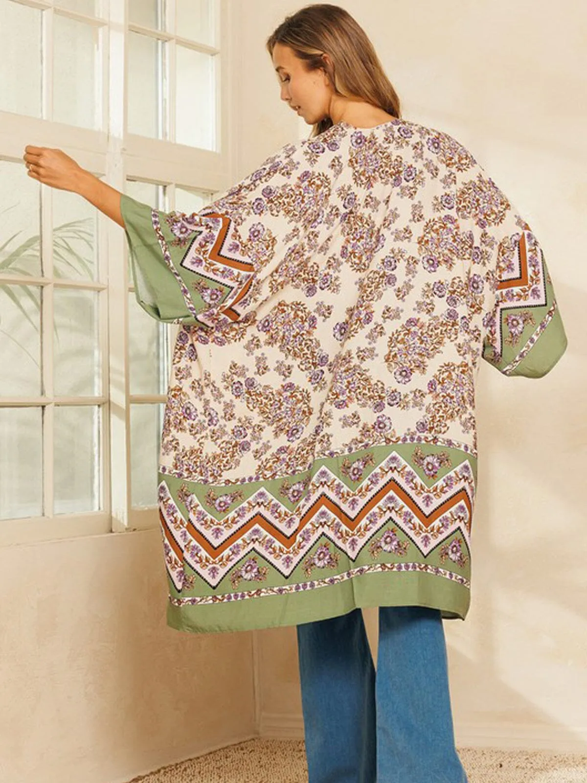 WOMEN'S 3/4 SLEEVE MULTI PRINT DUSTER CARDIGAN