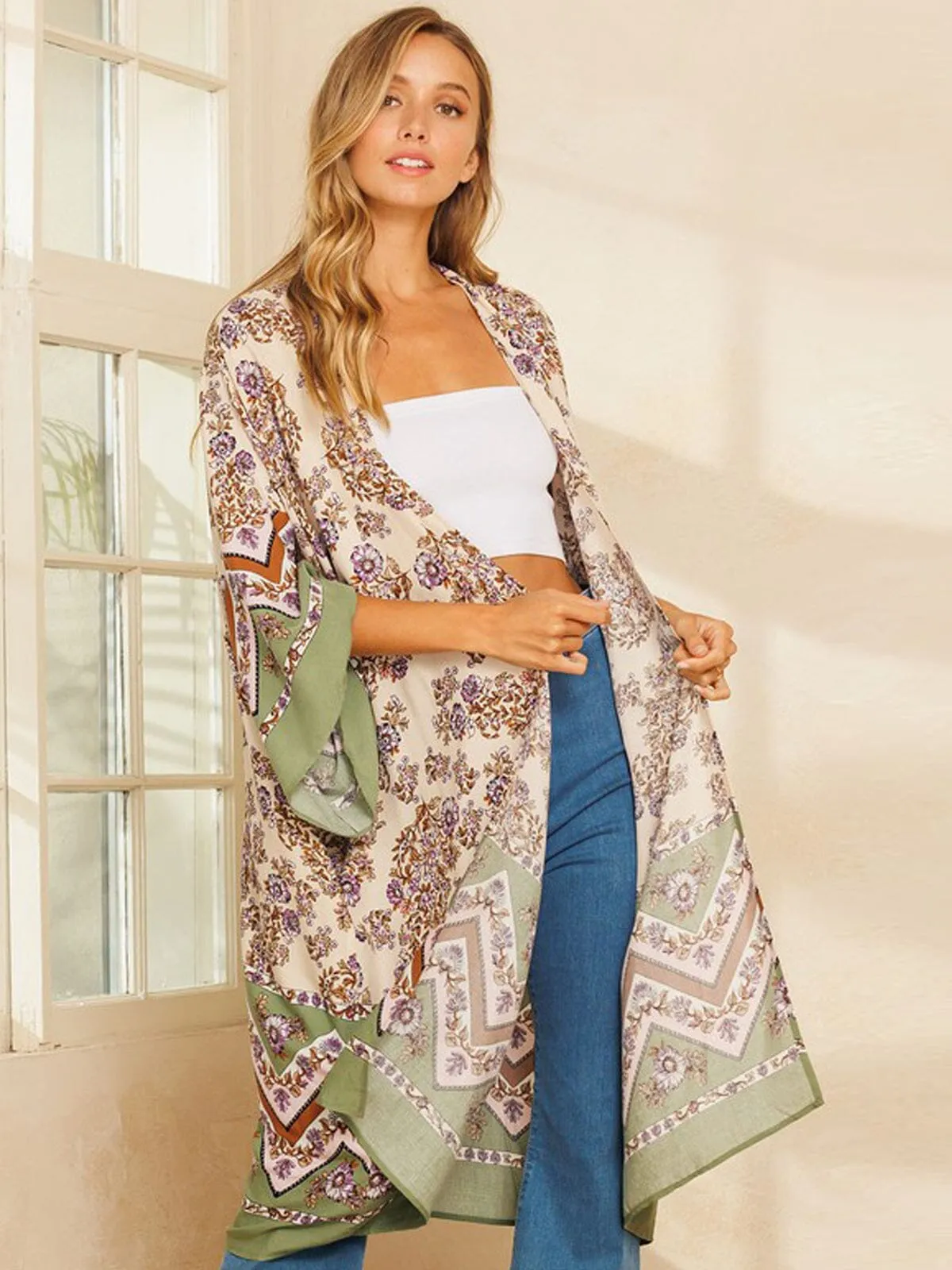 WOMEN'S 3/4 SLEEVE MULTI PRINT DUSTER CARDIGAN