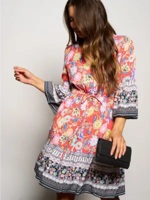 WOMEN'S 3/4 SLEEVE SELF TIE MULTI FLORAL MINI DRESS