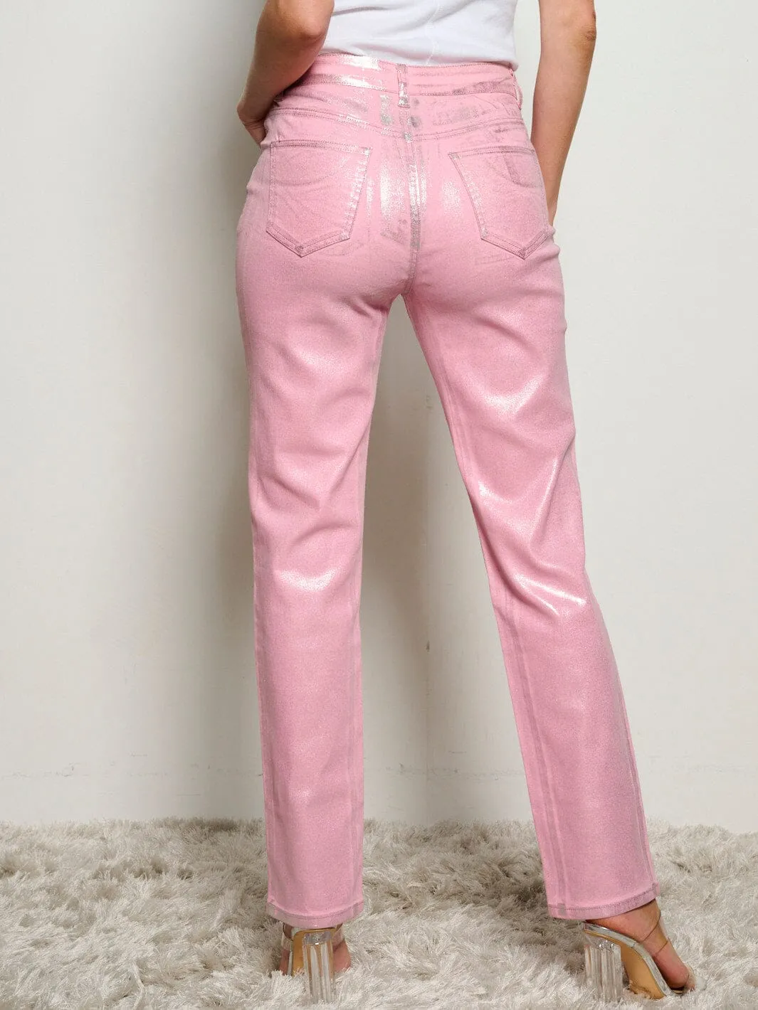 WOMEN'S BUTTON CLOSURE POCKETS SHIMMER WIDE LEG DENIM PANTS