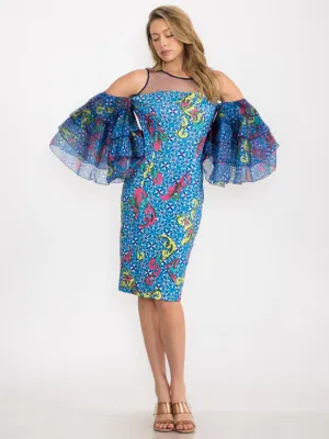 WOMEN'S COLD SHOULDER SHORT RUFFLE SLEEVE MULTI PRINT MIDI DRESS