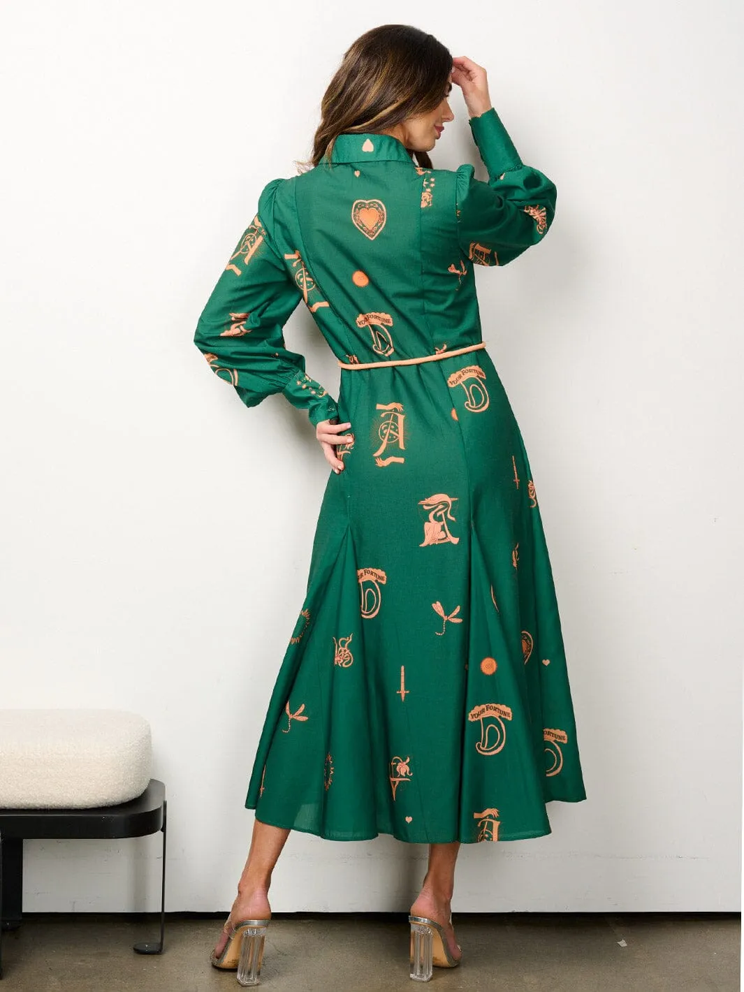 WOMEN'S LONG SLEEVE BUTTON UP MULTI PRINT SELF TIE MAXI DRESS