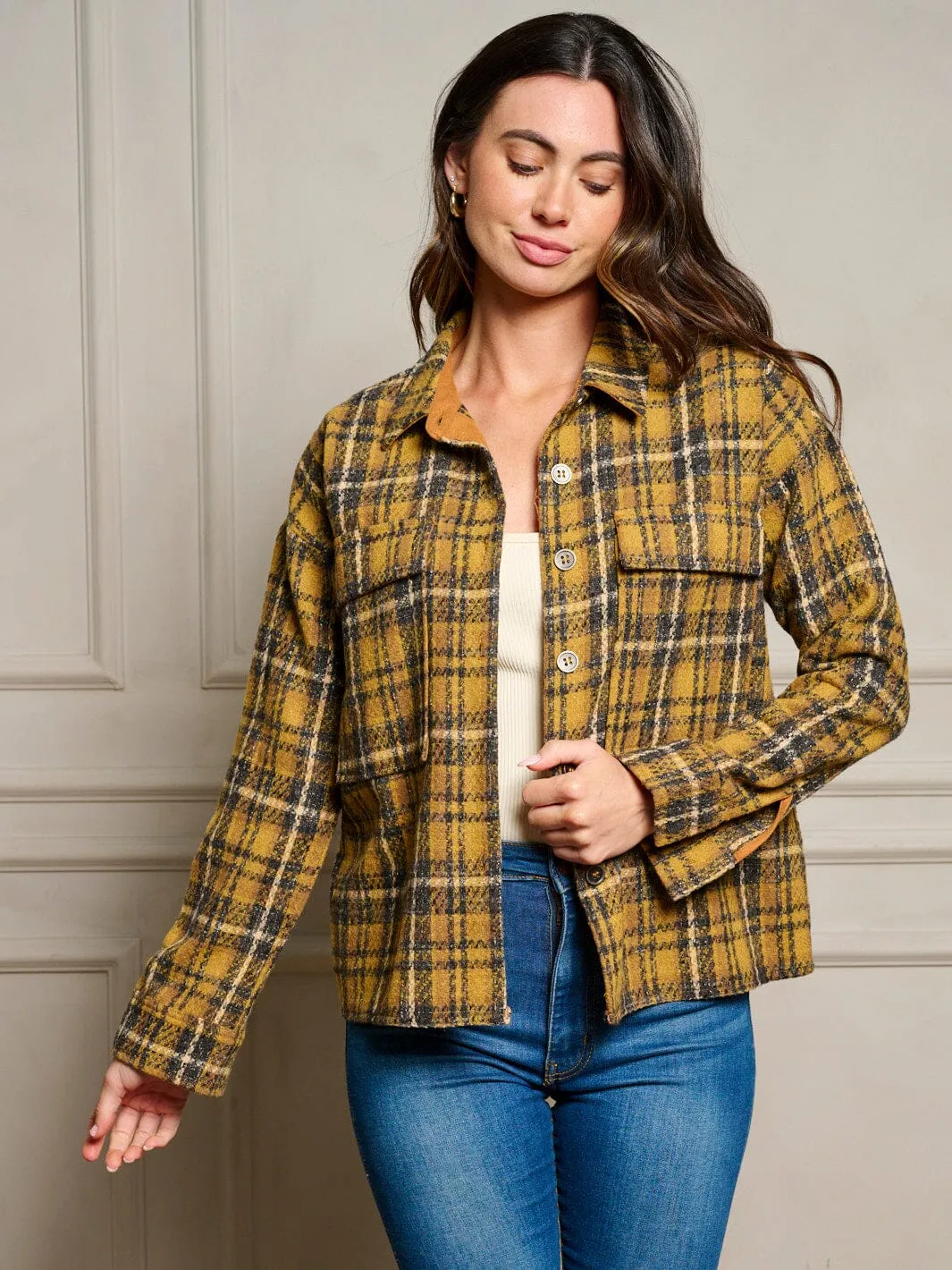 WOMEN'S LONG SLEEVE POCKETS BUTTON UP PLAID JACKET