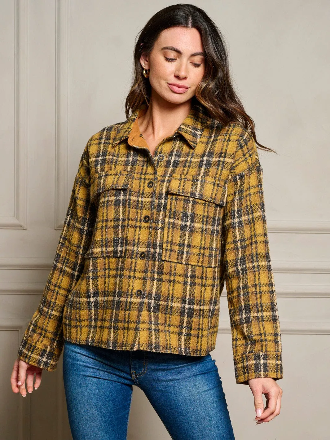 WOMEN'S LONG SLEEVE POCKETS BUTTON UP PLAID JACKET