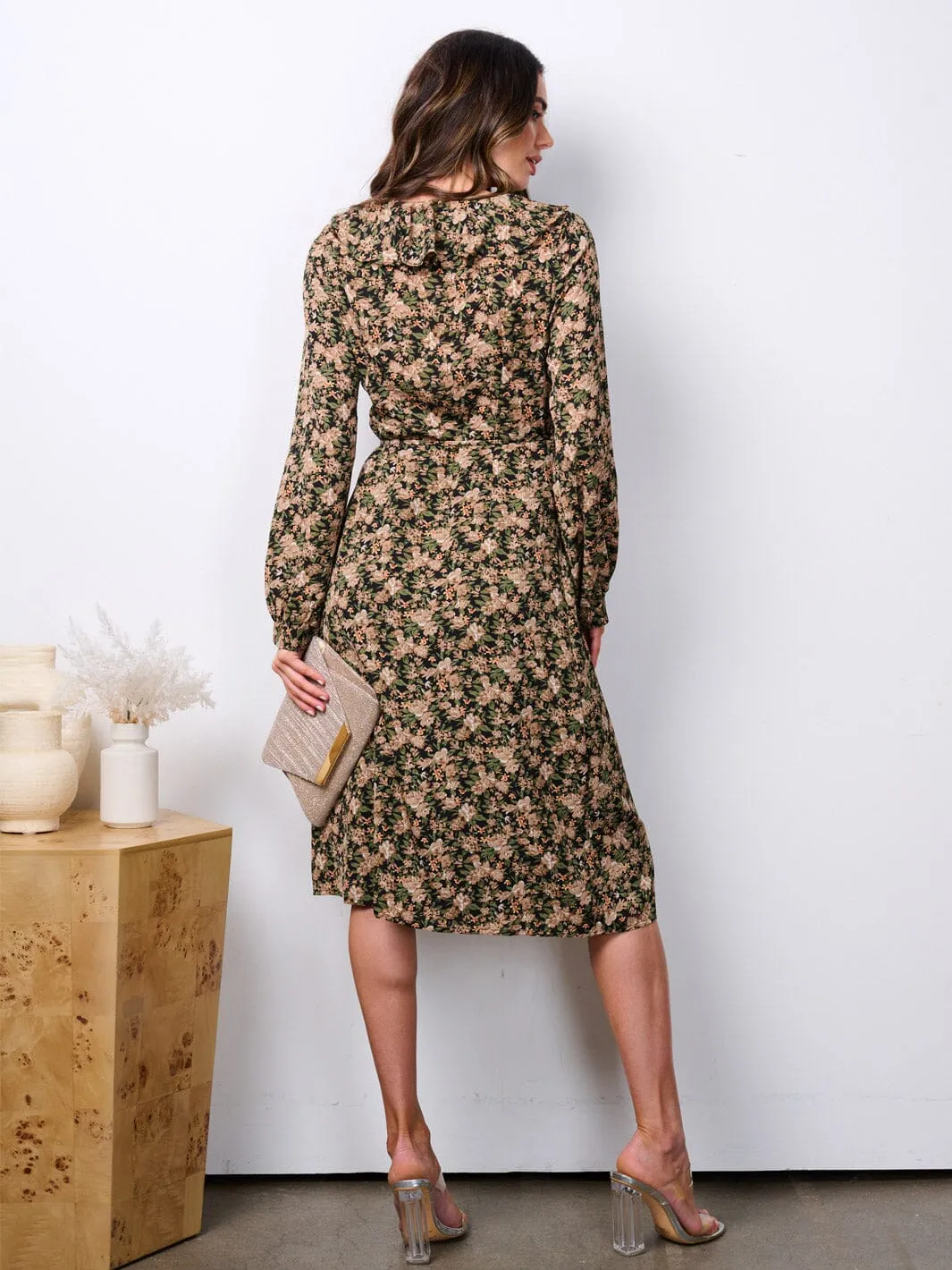 WOMEN'S LONG SLEEVE RUFFLE FLORAL WRAP MIDI DRESS
