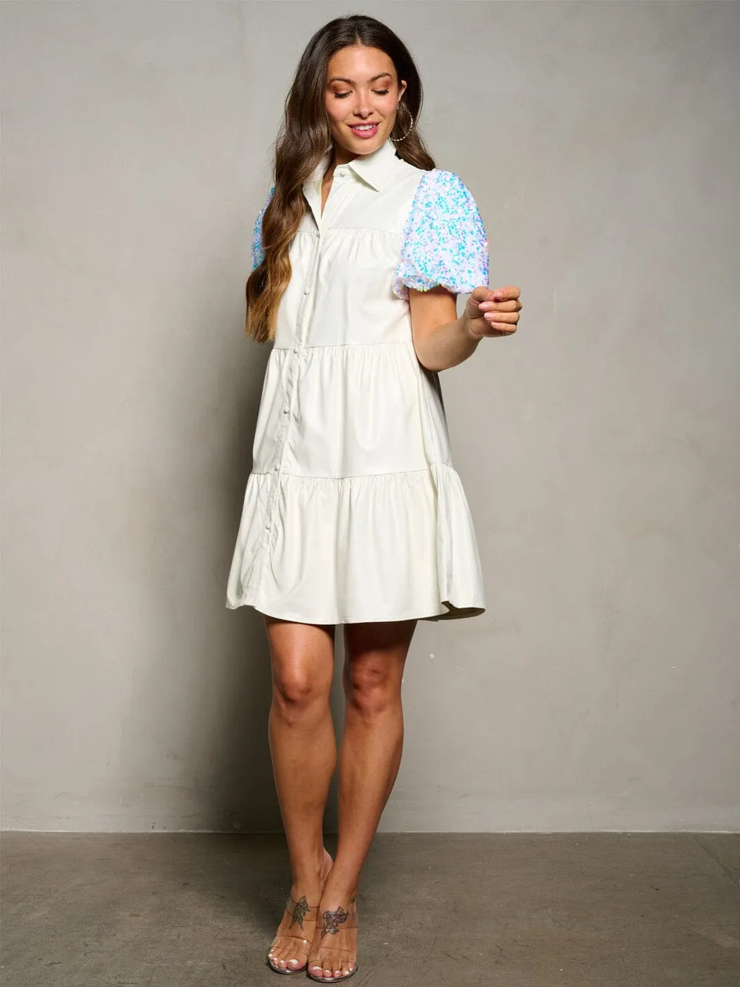 WOMEN'S SHORT SEQUINS SLEEVE BUTTON UP TIERED PU PLEATHER MINI DRESS