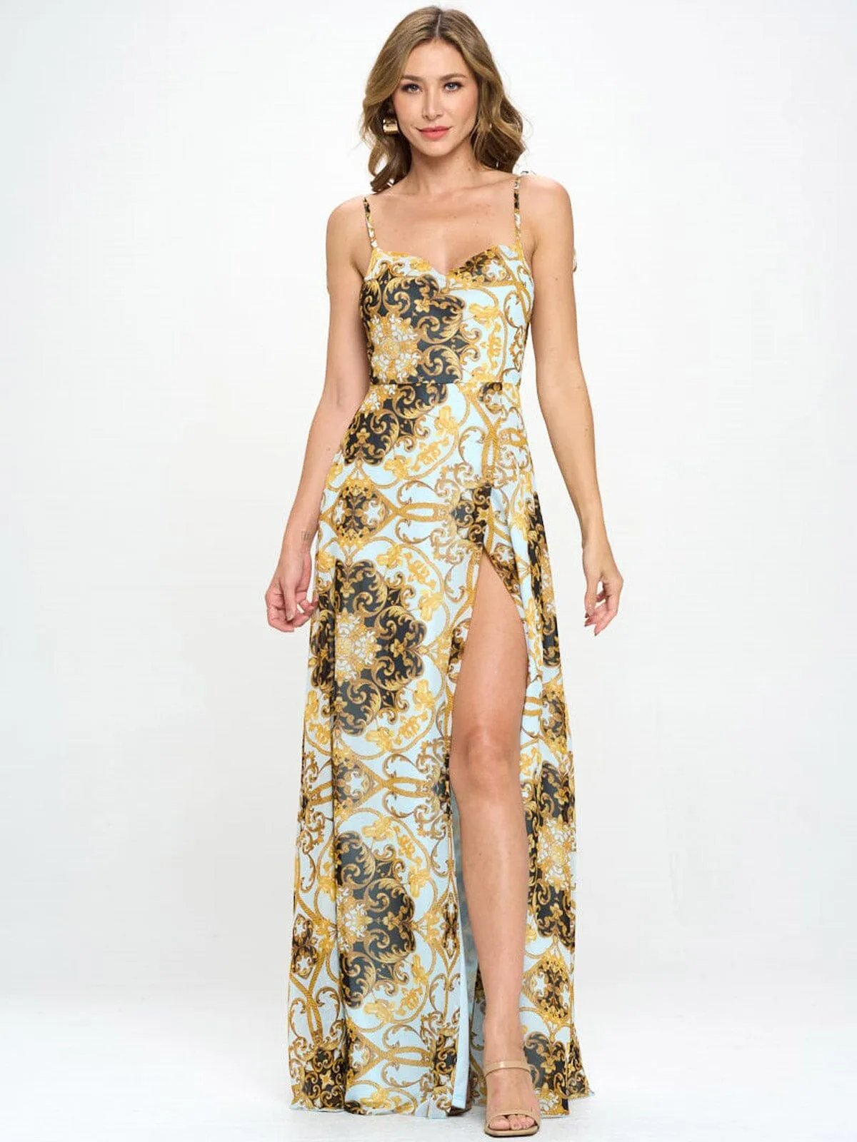 WOMEN'S SLEEVELESS MILTI PRINT SURPLICE MAXI DRESS